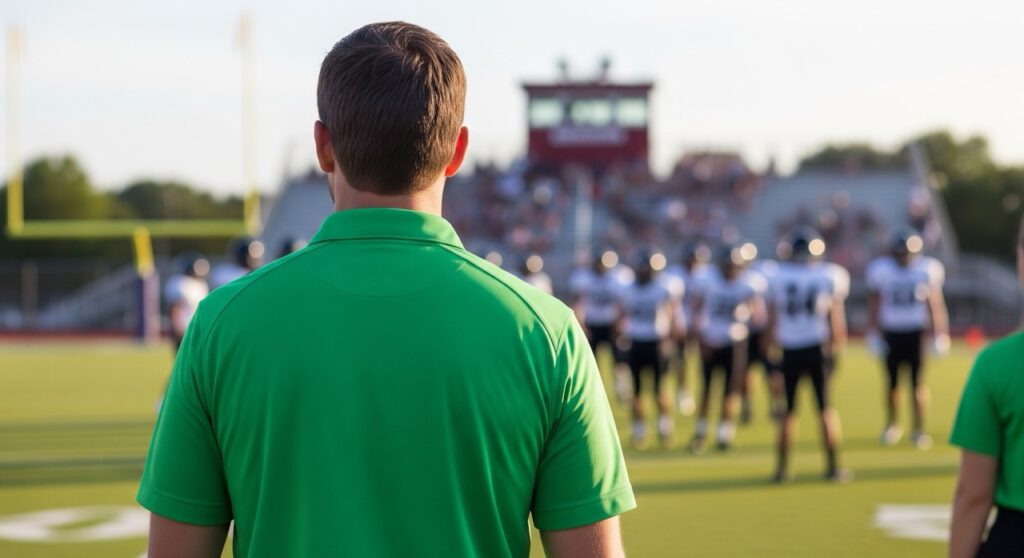 A sports medicine physician stands on the sidelines of a high school football team