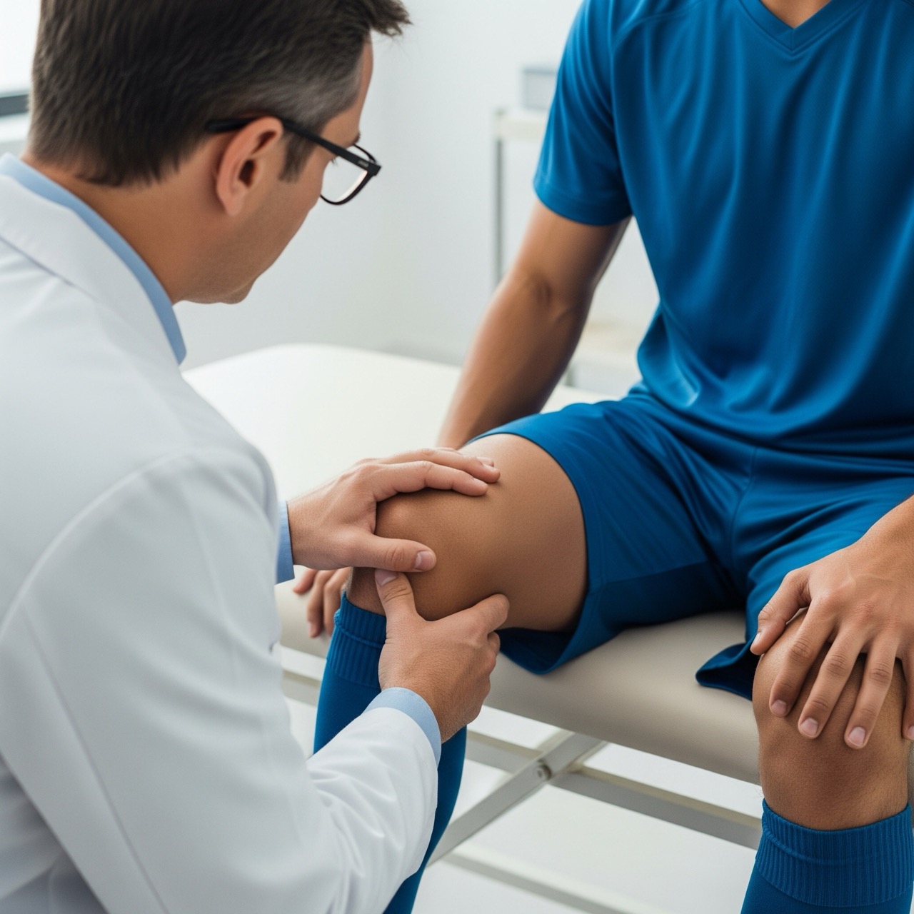 A sports medicine physician examines an athlete’s injured knee after a sports injury on the field.
