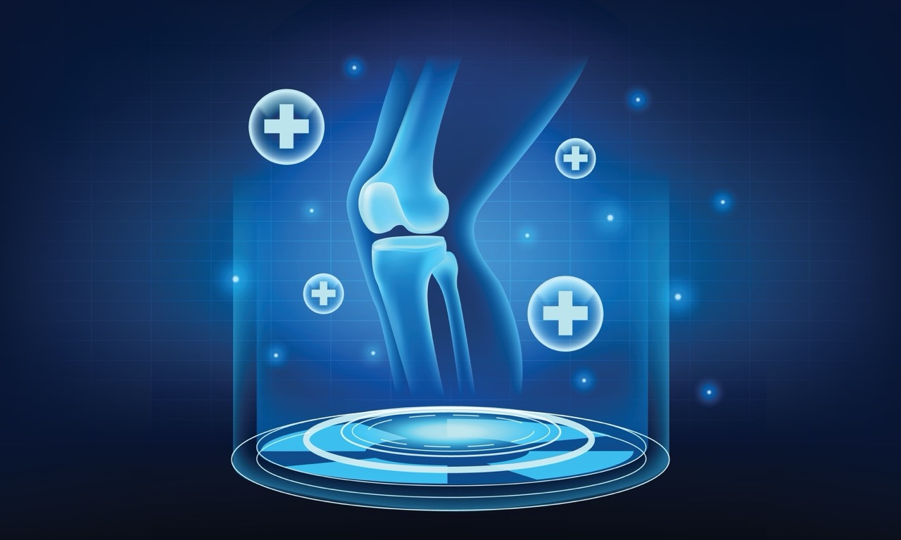 A vector image of a healthy knee with medical cross symbols surrounding it. 