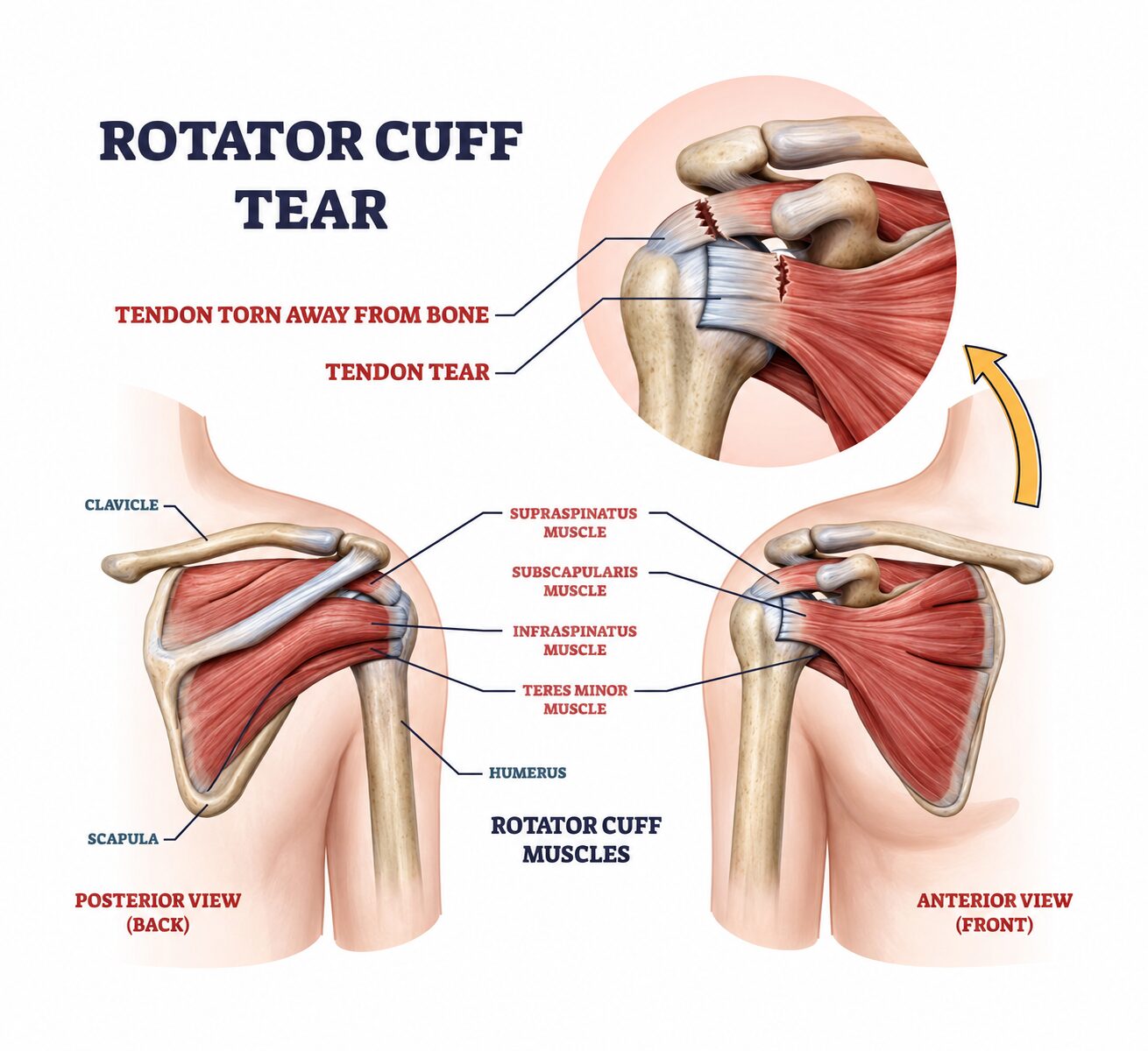 Anatomical image depicting a rotator cuff tear.