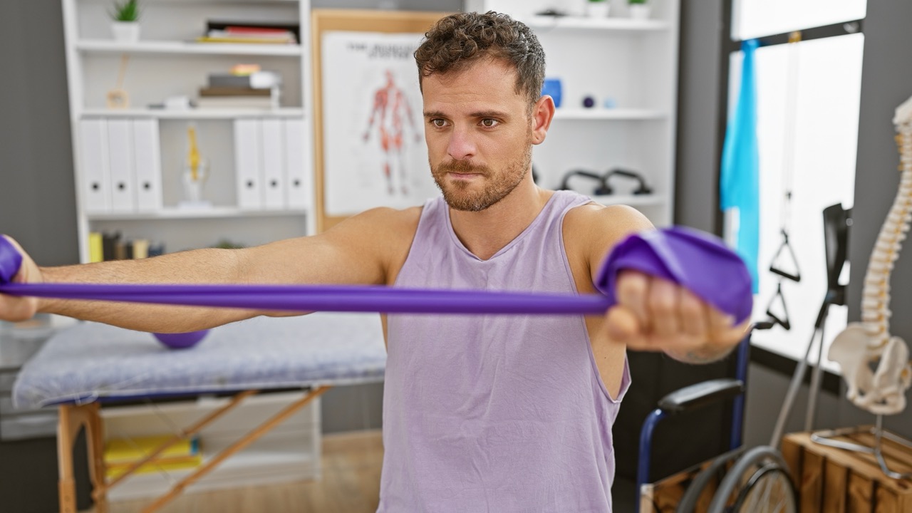 A male patient using resistance bands to complete physical therapy exercises for his rotator cuff surgery rehabilitation