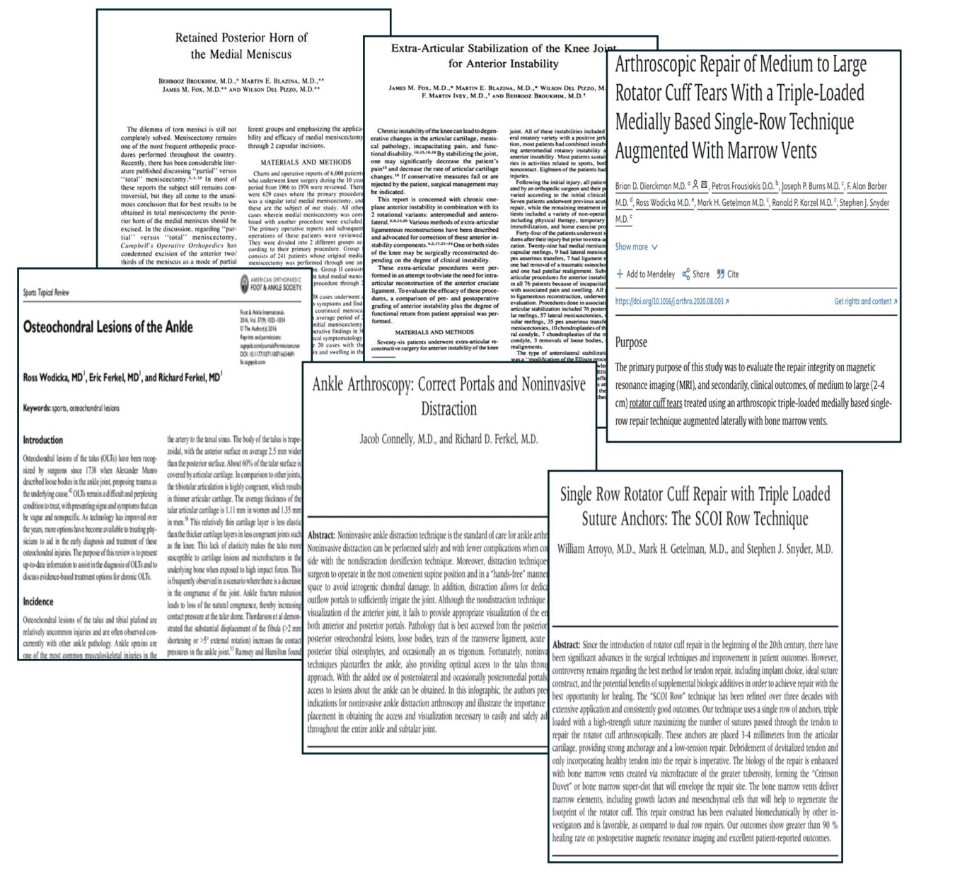 Black and white collage of orthopedic publications authored by SCOI surgeons and researchers.